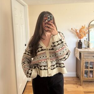 American Eagle Outfitters Cream and Black Patterned Cardigan